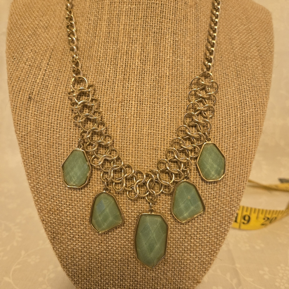 Gold Chain Necklace with Mint Green Stone Pendants